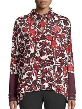 Donna Karan Red and White Floral Tie-Neck Blouse